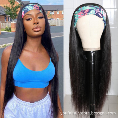 Cheap Price 10A 150% 200% Density Natural Black Straight Wave Headband Wigs 100% Non Lace Glueless Human Hair Machine Made Wigs